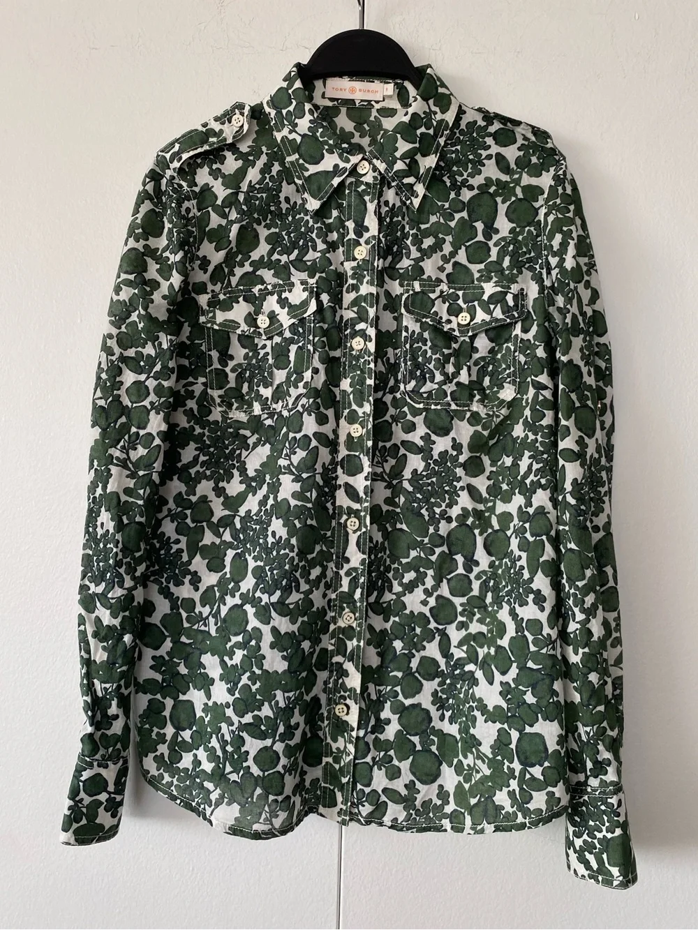 Tory Burch Womens Green White Vine Pattern Brigitte Button Up cotton top Size 6